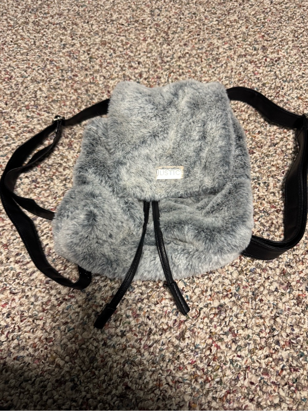Justice Plush Gray Faux Fur Drawstring Backpack with Black Straps
